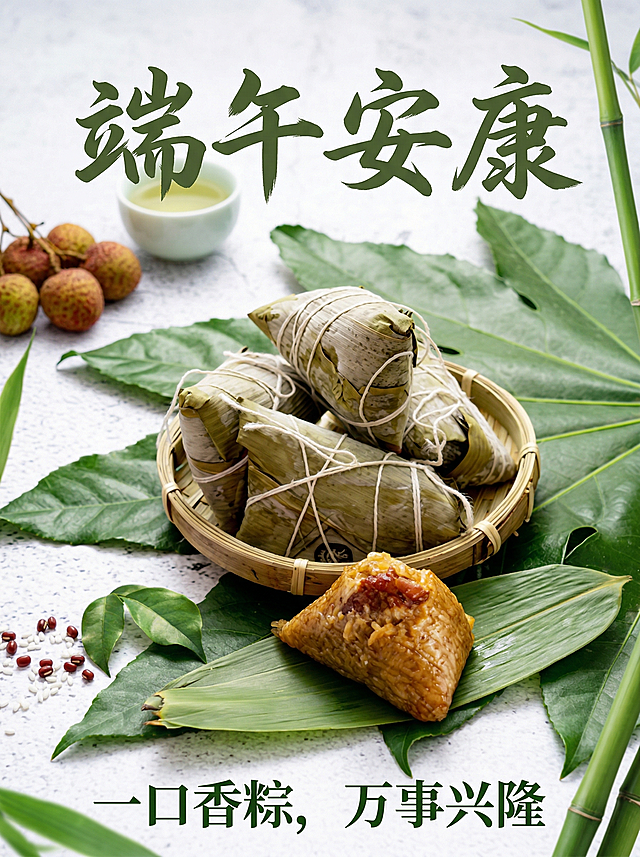 设计一张端午粽子宣传海报，使用参考图中的粽子产品，整体风格清新自然，绿色调为主，画面顶部添加主标题“端午安康”，底部添加文案“一口香粽，万事兴隆”，构图饱满有食欲，质感高级