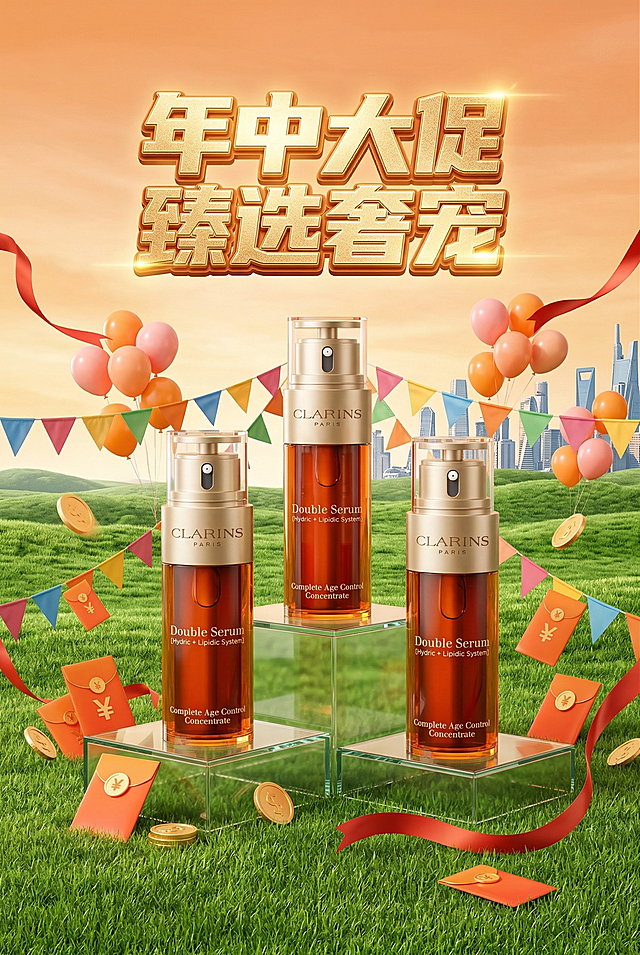 一张护肤品电商促销海报，三款精华护肤产品放置在透明玻璃阶梯展台上，保持商品瓶身结构和瓶身文字原样，保留瓶身通透液体质感。前景翠绿草地，中景清新草原，远景现代城市天际线，暖橙色渐变天空。点缀彩色三角彩旗、粉橙气球、带钱币符号的橙色红包、金色硬币、红色飘带。明亮暖调光影，橙绿撞色高饱和配色，海报顶部有立体金属质感发光主标题，醒目大气。整体风格热闹喜庆，兼具自然感和商业促销氛围，高清商业海报质感
