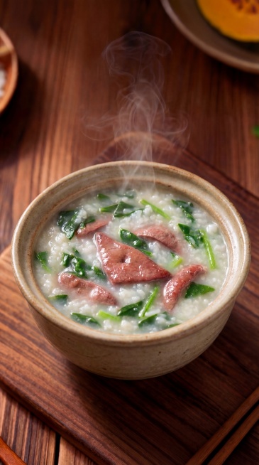 将盛放菠菜猪肝粥的容器从杯子替换为陶瓷碗，其余画面内容保持不变预览效果