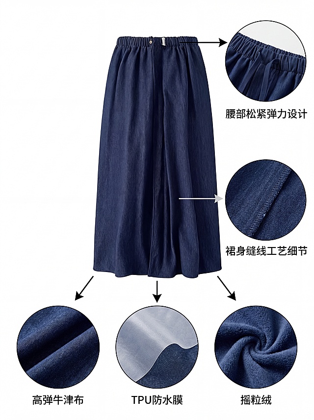 3:4竖版图，老年人防漏隔尿裙细节拆解展示，产品形态保持不变。特写展示三层材质结构：表层高弹牛津布纹理、中间TPU防水膜、里层摇粒绒亲肤质感，分别标注对应名称。同时展示腰部松紧弹力设计、裙身缝线工艺细节，背景为纯白色无影墙，光线柔和清晰，突出材质和做工细节。