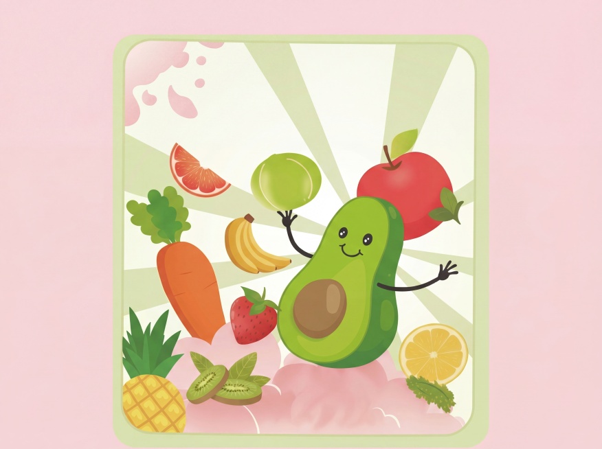 去掉图片上所有的文字，保留原本的牛油果水果插画内容，保持高清4k画质，其他元素不变预览效果