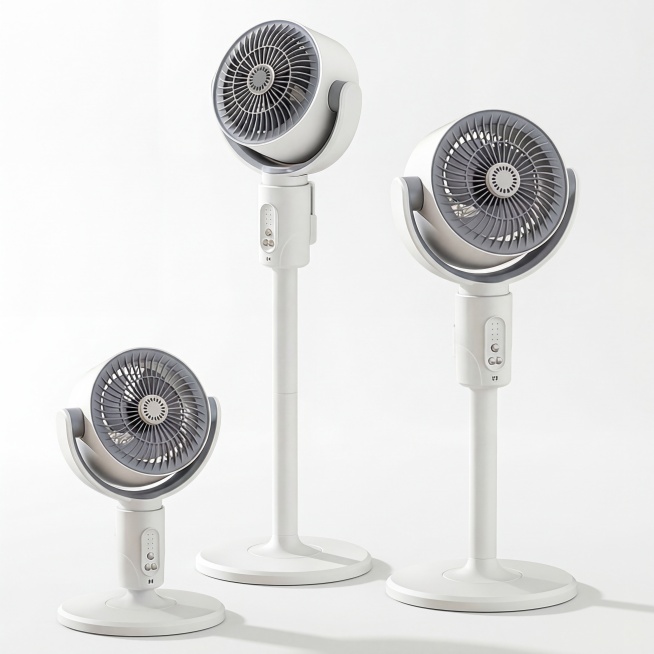 精修产品，保持三个循环扇主体外观样式角度不变，商业高清，C4D建模，oc高清渲染，超清画质，细节锐化，8k分辨率，纯白背景，真实接触阴影，禁止拉伸变形，禁止改变结构预览效果