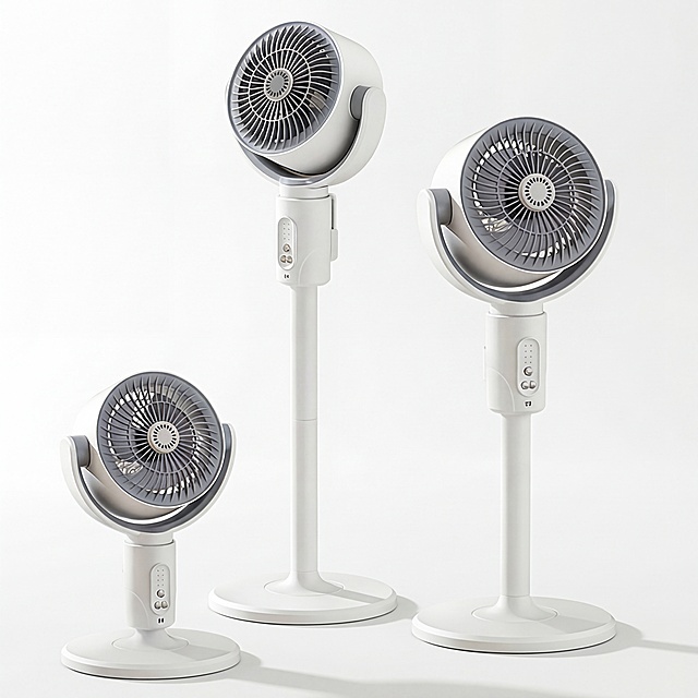 精修产品，保持三个循环扇主体外观样式角度不变，商业高清，C4D建模，oc高清渲染，超清画质，细节锐化，8k分辨率，纯白背景，真实接触阴影，禁止拉伸变形，禁止改变结构