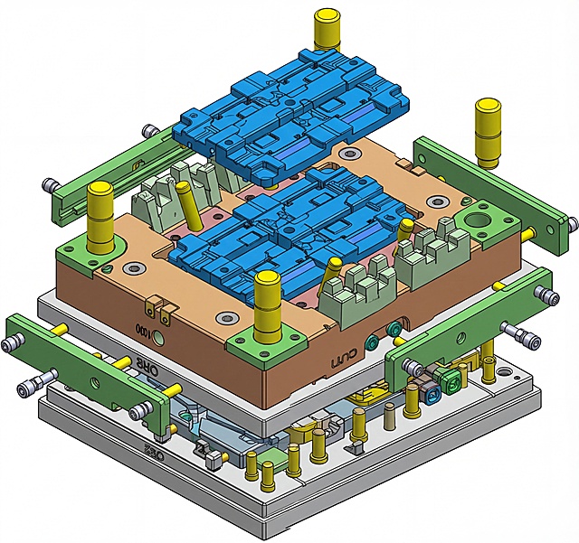 连接器外壳注塑模具3D模型图，和参考图风格一致，分层爆炸视图，不同结构部件用蓝、绿、黄、棕、银等区分颜色，清晰展示模腔、导柱、模架等结构细节，纯白背景，工业建模渲染，质感清晰锐利