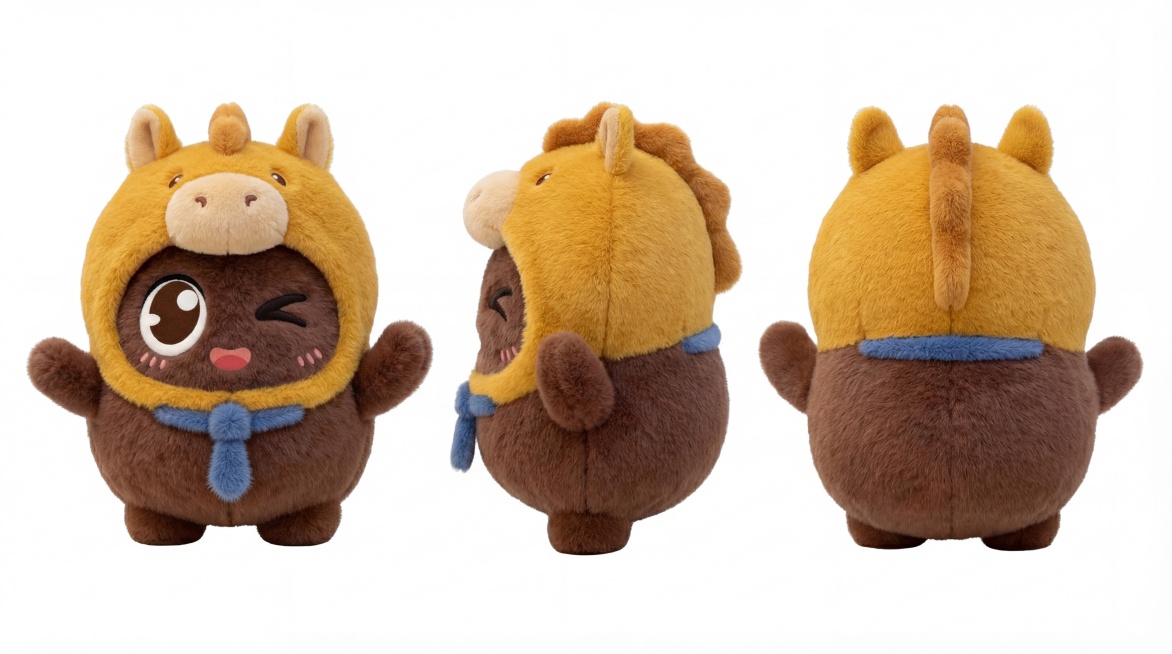 保持原棕色毛绒角色的整体造型不变，将角色头上的香蕉替换为马年毛绒质感、亮棕黄色的Q萌可爱马头卡通头套，展示角色全身完整造型，生成三视图（正视图、侧视图、后视图），画面风格统一为毛绒玩偶质感，整体清晰美预览效果