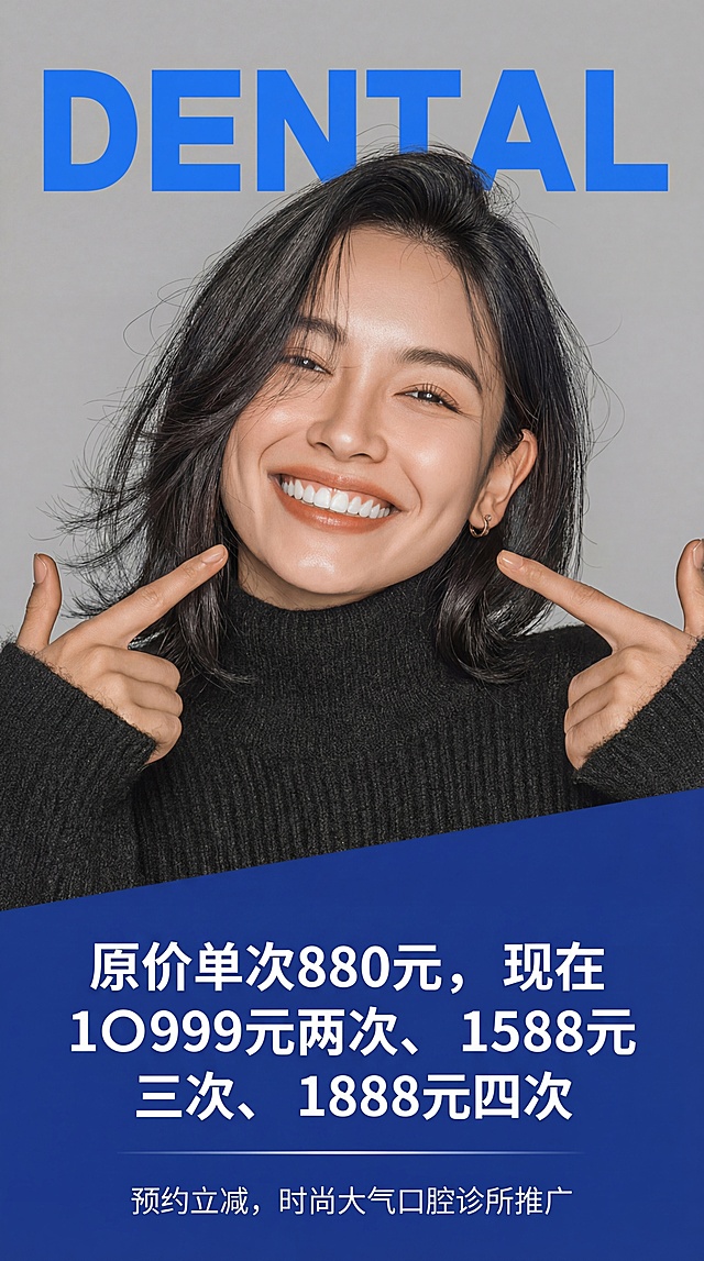 口腔美容宣传海报，风格和参考图类似，现代简约风格，上方大字体蓝色英文"DENTAL"，中间展示露出洁白牙齿微笑的自信女性，人物双手比出展示动作，下方深蓝色色块清晰标注优惠价格：原价单次880元，现在1099元两次、1588元三次、1888元四次，整体时尚大气，适合口腔诊所推广，文字醒目清晰