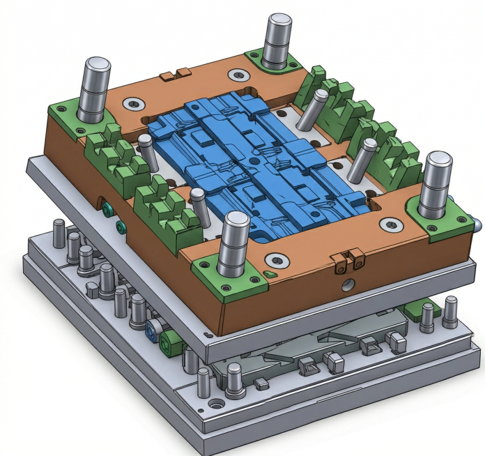 塑料支架注塑模具3D模型图，分层爆炸视图，不同结构部件用蓝、绿、黄、棕、银等区分颜色，模腔匹配带安装孔、加强支撑筋的L形塑料支架外形，清晰展示模腔、导柱、模架、安装孔成型型芯、支撑筋成型结构等细节，纯预览效果
