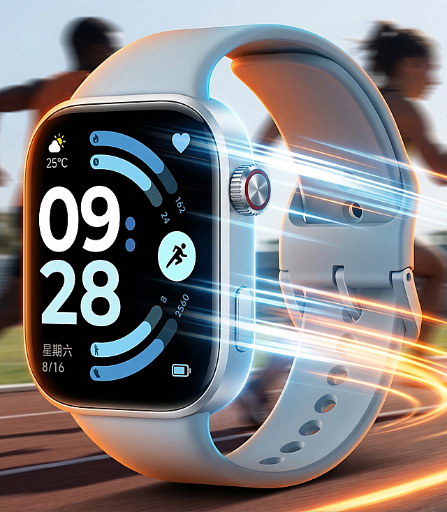 将原背景替换为：智能运动手表置于画面中央，背景为动态模糊的跑道与奔跑人群剪影，手表周围有速度线光效环绕。色彩以活力橙、亮蓝、白色为主，光线为侧逆光，勾勒手表轮廓。构图动感，有向前冲刺的视觉张力。运动活力感，商业摄影级质感，无文字无logo。保持主体智能运动手表物理结构不变，保持原有外观文字不变。金属表身硬朗光效清晰高光，硅胶表带柔和漫反射。
