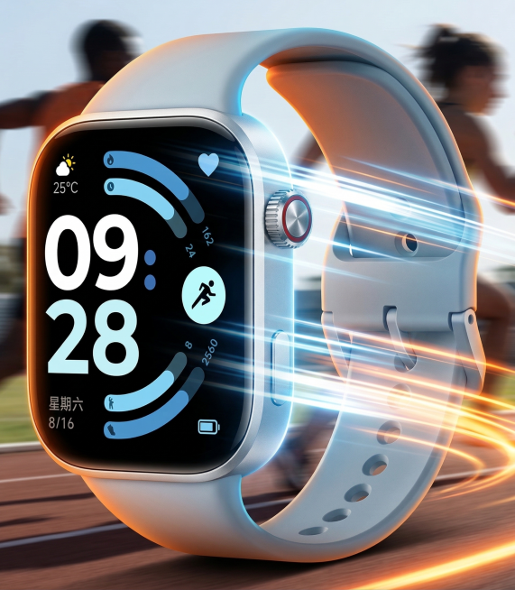 将原背景替换为：智能运动手表置于画面中央，背景为动态模糊的跑道与奔跑人群剪影，手表周围有速度线光效环绕。色彩以活力橙、亮蓝、白色为主，光线为侧逆光，勾勒手表轮廓。构图动感，有向前冲刺的视觉张力。运动活预览效果