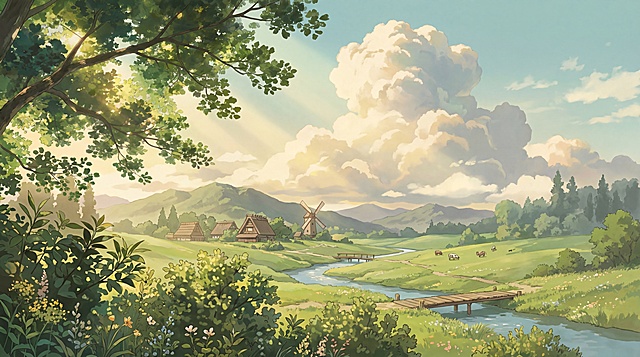 宫崎骏风格电脑桌面壁纸，温暖治愈的自然风景，增强画面纵深感，远景近景层次丰富，柔和色调护眼，高清画质，画面干净清新，有云朵树林和阳光，整体氛围宁静舒适，吉卜力动画风格