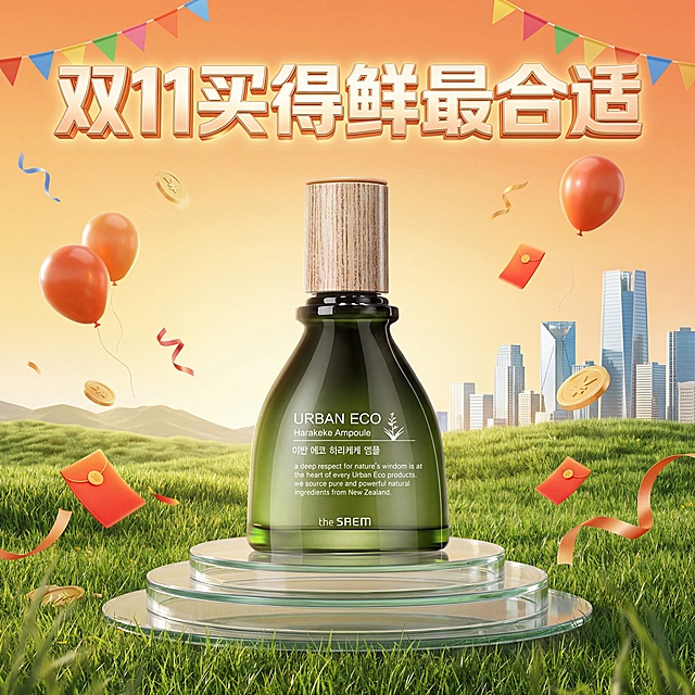 高真实感电商促销海报，主体是得鲜the SAEM亚麻保湿浓缩精华液，保持产品瓶身原有文字信息和品牌Logo，不改变文字内容。维持产品主体物理结构不变，保留深绿色玻璃瓶身搭配木质纹理瓶盖。产品放置在透明多层玻璃展示台上，背景是清新的新西兰草原风光，远处有现代城市天际线，前景是翠绿草地，整体色调明亮温暖，橙黄渐变天空。画面点缀彩色三角旗、橙红色气球、金色钱币、红色红包与丝带，营造双11大促的热闹喜庆氛围，顶部用立体发光金属质感字体写双11买得鲜最合适，风格活泼大气，贴近真实商品摄影，8K超高清，低AI感，光影柔和通透，突出产品天然有机的核心卖点，商业高调摄影，柔和漫射光，前中后景层次，三分法构图，瓶身通透清透，呈现自然液体质感。