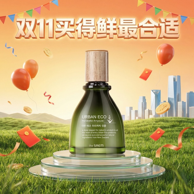 高真实感电商促销海报，主体是得鲜the SAEM亚麻保湿浓缩精华液，保持产品瓶身原有文字信息和品牌Logo，不改变文字内容。维持产品主体物理结构不变，保留深绿色玻璃瓶身搭配木质纹理瓶盖。产品放置在透明预览效果