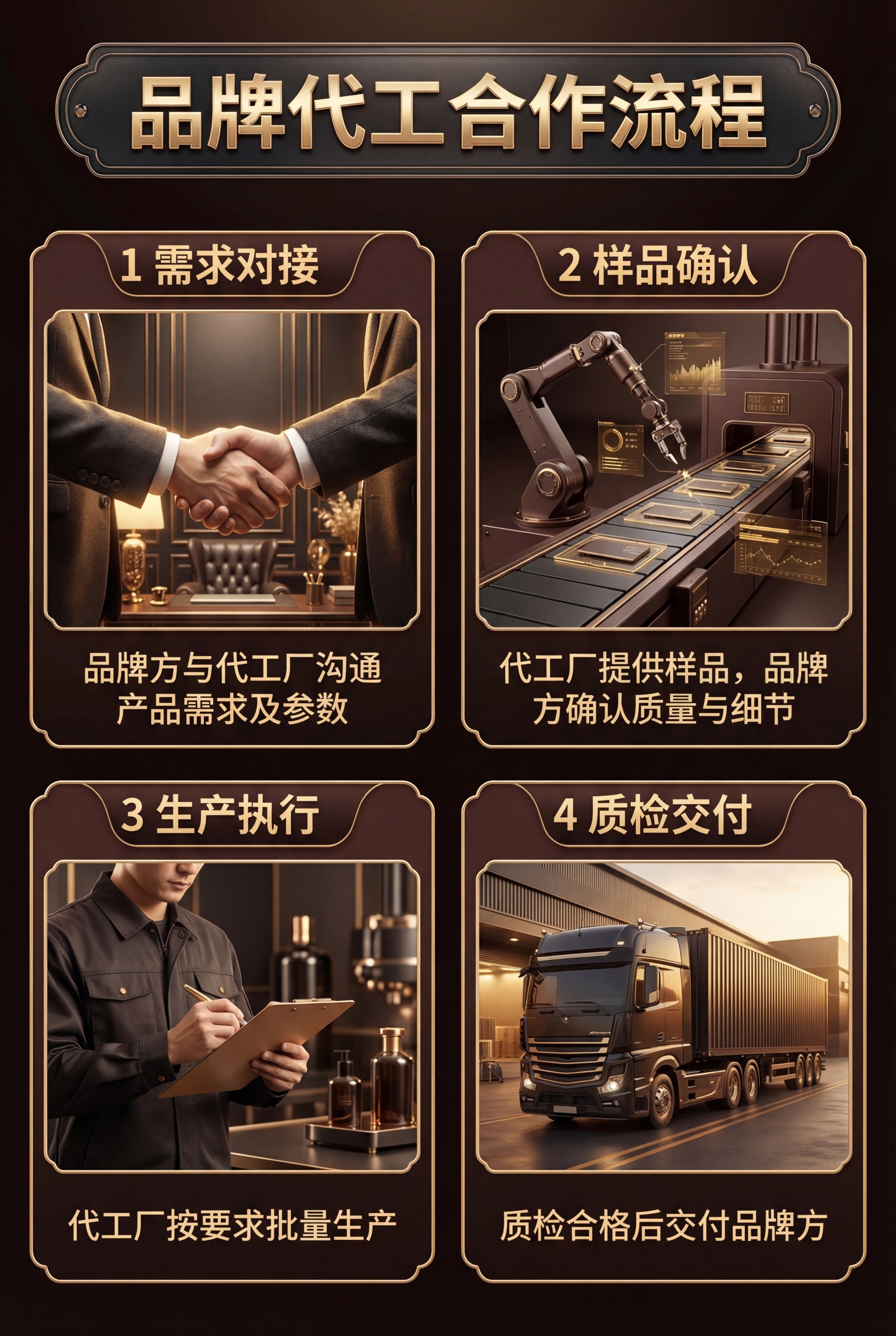 生成品牌代工合作流程模块，保留原图四个步骤全部文字和排版，放入… - 图片创意预览