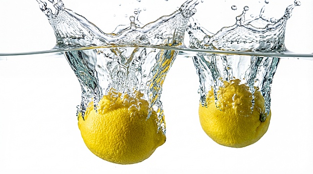 高速摄影风格静物图，16:9比例。两颗新鲜黄柠檬正落入清澈水中，激起冠状水花与细密气泡；水花透明有层次，可见内部折射光斑；柠檬表皮纹理清晰，带微湿反光。背景为纯白色，无任何杂物。光源来自左上方，形成高对比度明暗，突出水滴晶莹感与动态瞬间。构图避免与参考图完全一致：一颗柠檬稍靠前偏左，另一颗略后偏右，水花形态更舒展。禁止模糊、塑料感、静态摆拍。