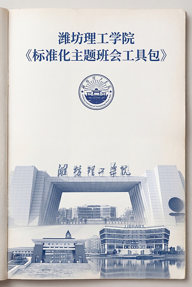书籍内页插页设计，潍坊理工学院《标准化主题班会工具包》内插页，风格简洁大方，正式稳重，融入潍坊理工标志性建筑和蓝色校徽，体现学校特色，保留大面积空白用于文字排版，AI痕迹弱，真实质感，A4尺寸