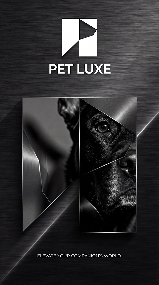 Pet Luxe高端宠物品牌宣传海报设计，采用品牌极简几何暗黑金属风格，包含品牌LOGO"PET LUXE"，整体高级感，简约大气，黑白灰配色，适合高端宠物品牌宣传