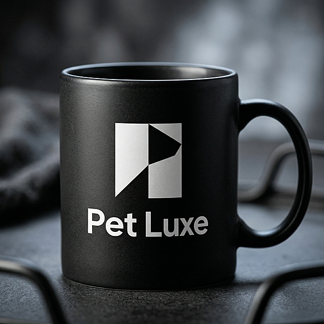 Pet Luxe高端宠物品牌咖啡杯设计，极简暗黑金属风格，杯身印有P字母几何LOGO和PET LUXE文字, 采用哑光黑陶瓷材质，简约高级，符合品牌调性