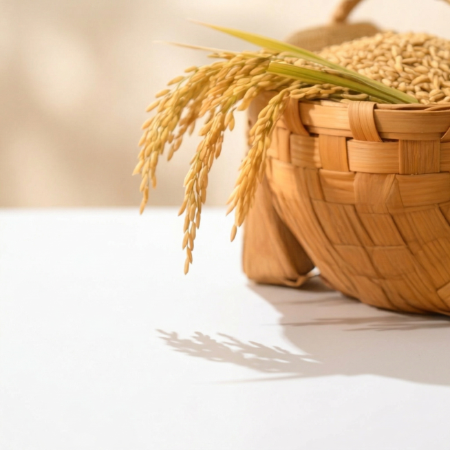 保留右侧装满稻米的竹编箩筐和稻穗，去掉箩筐稻米前方的所有物品，将箩筐下方的桌子改为白色，整体光影风格保持和原图一致，画质清晰预览效果