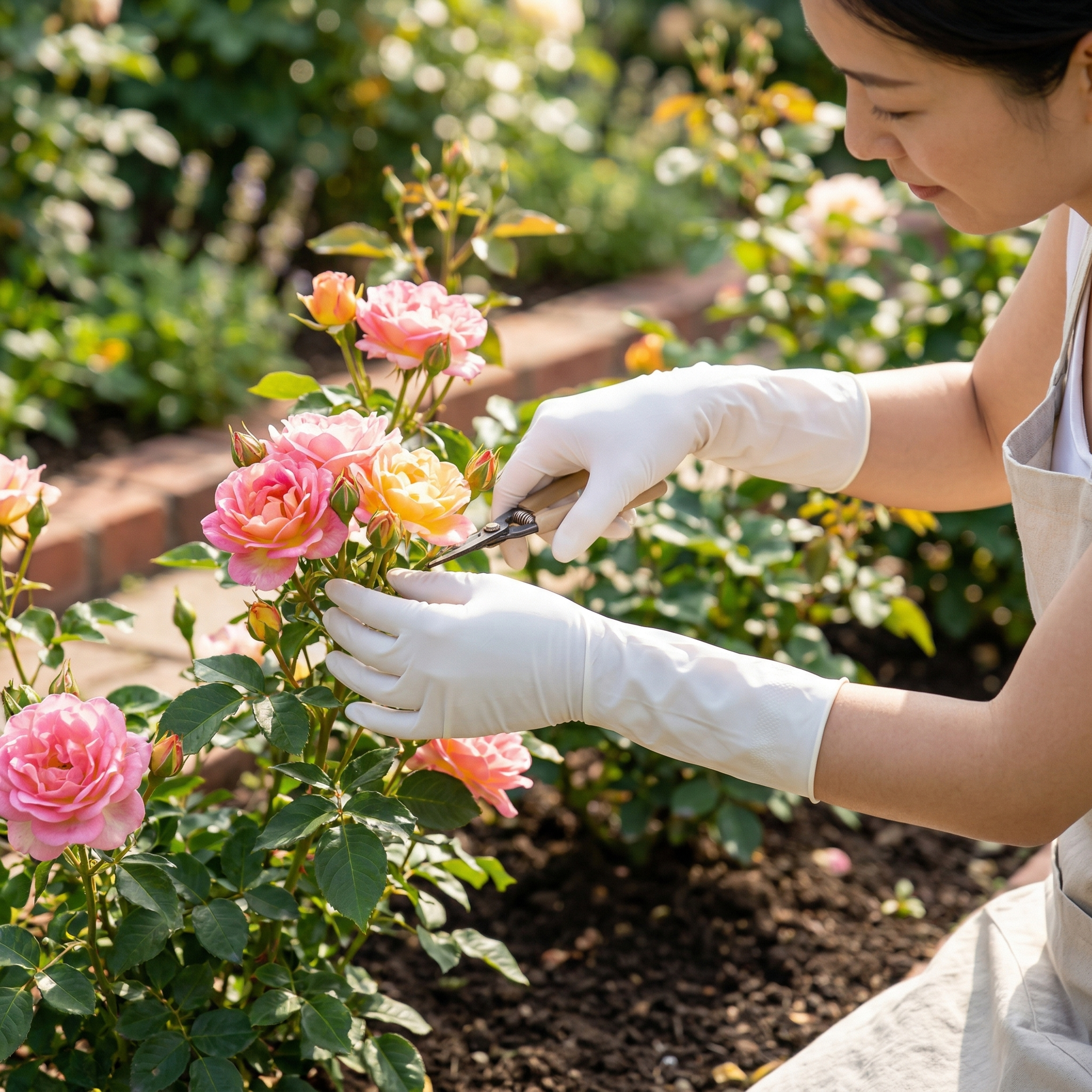 重新生成右下角园艺种花场景主图：东亚女性佩戴白色加长丁腈手套在… - 图片创意预览