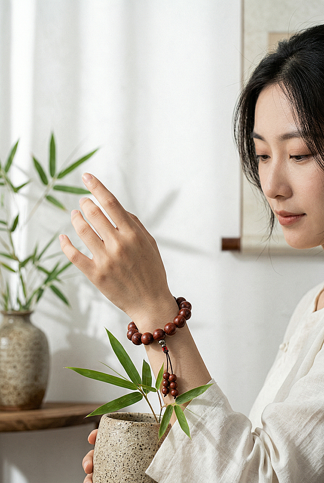一张文艺国风手串展示图，东亚女性模特抬手展示佩戴在手腕上的红棕色小叶紫檀圆珠手串，保持手串主体物理结构不变，珠子圆润光滑，木质纹理清晰自然。场景为东方禅意新中式风格，自然侧光搭配植物竹影，浅色宣纸背景搭配粗陶和竹叶，构图采用三分法，大面积留白，商业高调摄影，柔和漫射光，整体氛围静谧雅致，富有生机，光影层次丰富。负向提示词：西方面孔、金发、深眼窝、雀斑、变形、缺失部件、比例失调、文字、水印、硬光、死黑阴影、高对比度