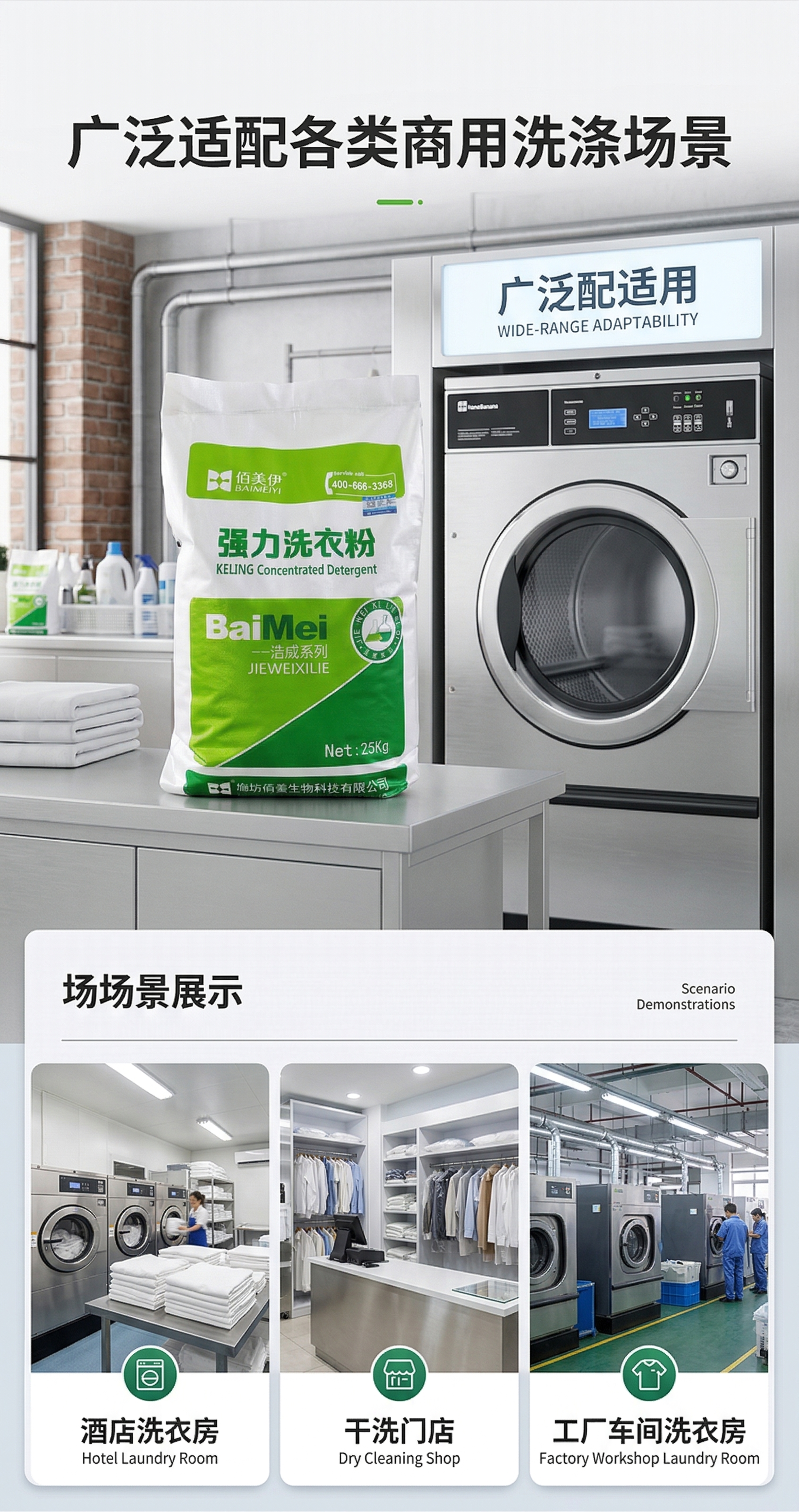 商用强力洗衣粉详情页第四张，使用场景展示。主标题"广泛适配各类… - 图片创意预览