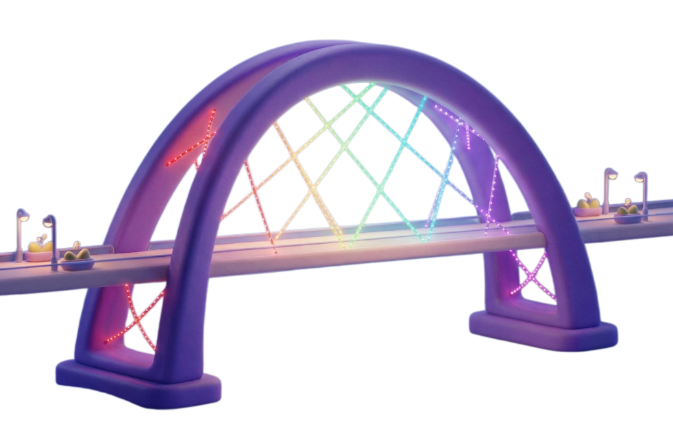 去除桥上所有人物，将桥体的紫色灯光改为彩虹色灯光（红橙黄绿青蓝紫渐变），保持C4D萌萌哒风格预览效果