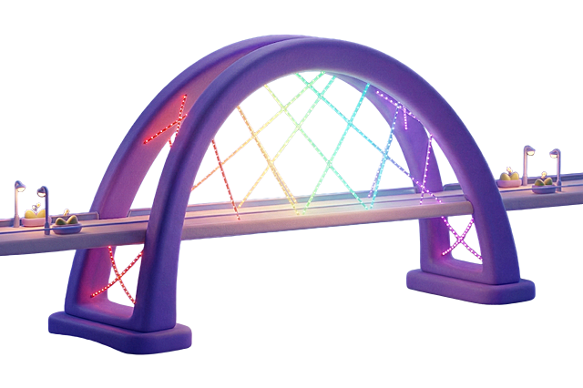 去除桥上所有人物，将桥体的紫色灯光改为彩虹色灯光（红橙黄绿青蓝紫渐变），保持C4D萌萌哒风格