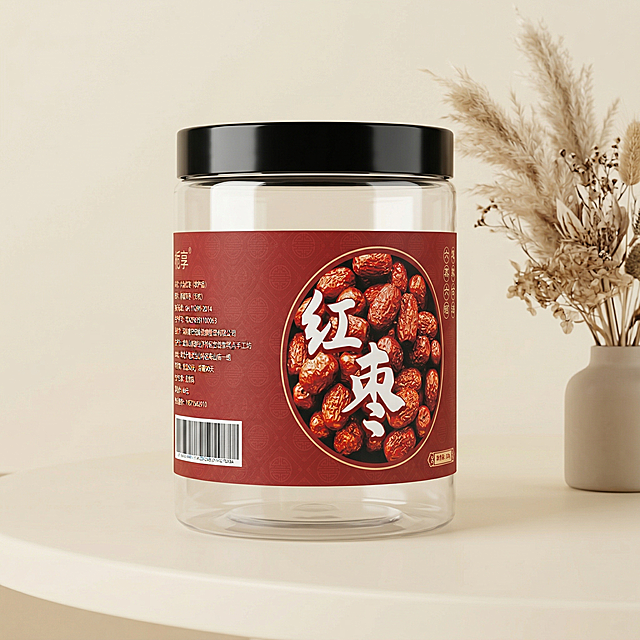 将红枣标签贴纸完美贴合到透明密封罐的瓶身正面，保持标签文字、Logo、图案完整不变形，遵循物理融合规则：全屋漫射柔光，低对比度，阴影极淡柔和，画面明亮通透；光影一致性，受光面和背光面匹配漫射光，底部生成极淡接触阴影，近实远虚；环境色交互，玻璃反射柔和环境光，标签暗部轻微映射环境色；边缘处理，无抠图白边黑边，自然融合。风格为国内电商时尚画报风，暖调奶油色系，45度平视构图，前中后景有层次，背景为极简米白桌面，搭配干花装饰营造温馨氛围