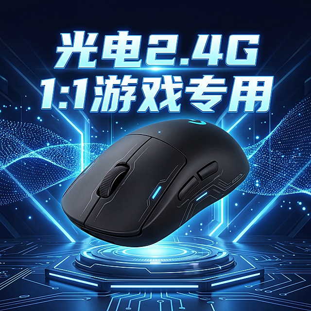 亚马逊跨境平台1:1游戏专用无线鼠标主图，突出光电2.4G核心卖点，科技赛博风格，背景为流动的蓝光粒子特效，鼠标质感高级，符合跨境电商主图规范