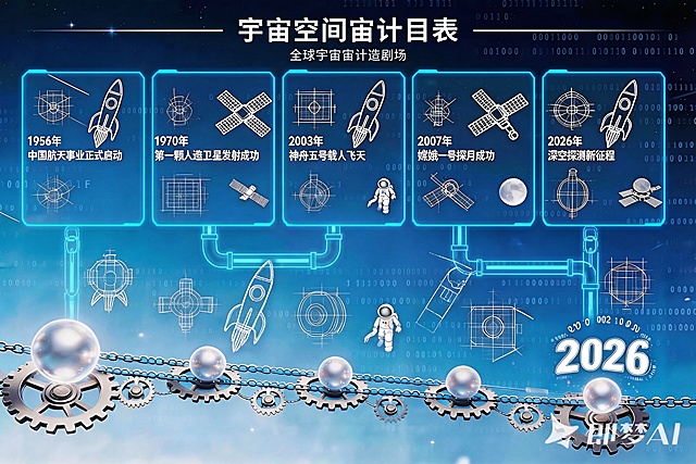 去除图片上方的竖状白色线条，留出主标题和副标题的位置。将展板中的五个竖状模块用科技蓝的模块框表现，并将模块按顺序连接起来。原模块内部的背景元素重新排版，移动到科技蓝模块框外部作为整体背景元素，不要保留重复元素，主要元素保留火箭推进器、火箭、卫星，科技蓝风格航天主题时间线展板