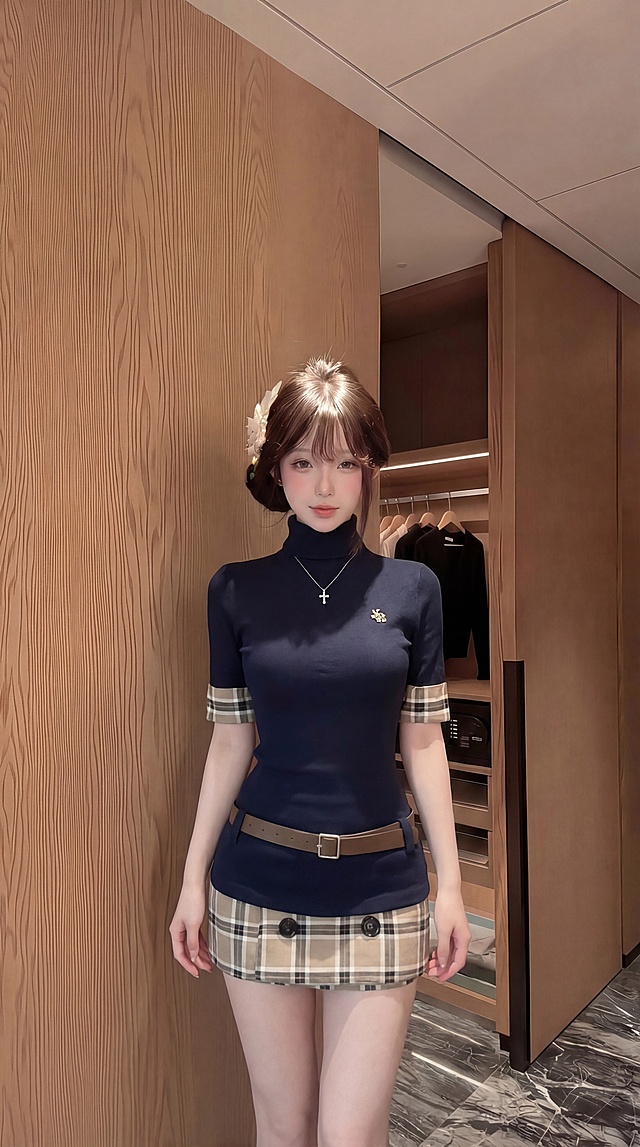 将第一张图里藏青色格子拼接连衣裙服饰穿搭换到第二张图人物身上，保留原人物面部特征，脖子保留十字架项链，模特身材，身材比例良好，头肩比正常，不要拿包包，保持人物原来的大小，背景保留原木衣帽间