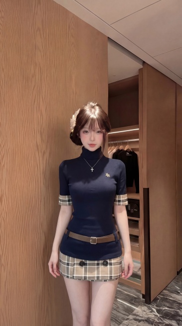 将第一张图里藏青色格子拼接连衣裙服饰穿搭换到第二张图人物身上，保留原人物面部特征，脖子保留十字架项链，模特身材，身材比例良好，头肩比正常，不要拿包包，保持人物原来的大小，背景保留原木衣帽间预览效果