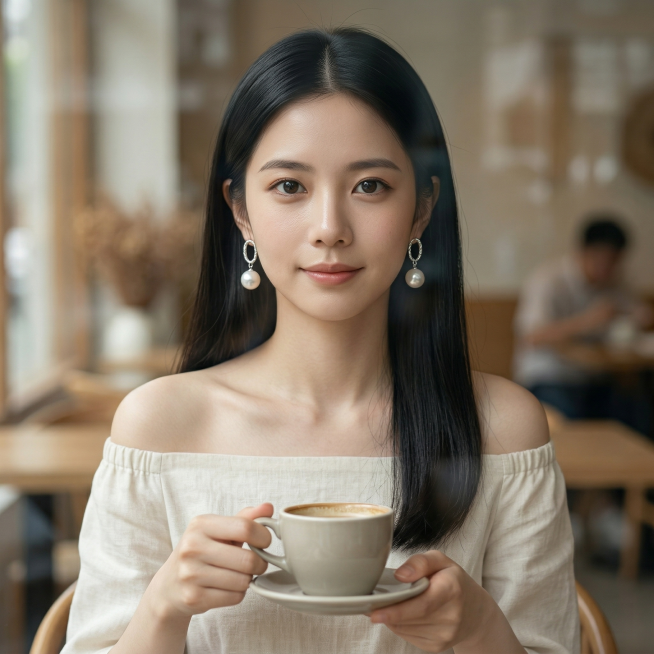 超写实生活化人像，商业时尚照片，毛孔级别高清，展示了一位优雅的有东方古典美学韵味的美女，温婉五官，黑色长直发，白皙皮肤，温柔气质，参考上传的模特图，她佩戴了13mm珍珠吊坠耳钩耳环，耳环为纯银镀白金配预览效果