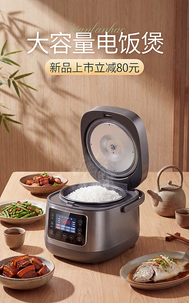 将画面中的电饭煲替换为深灰色金属质感的智能触屏电饭煲，保持其他画面元素、新中式风格、光影及背景不变，产品结构完整，与场景光影融合自然，添加真实接触阴影