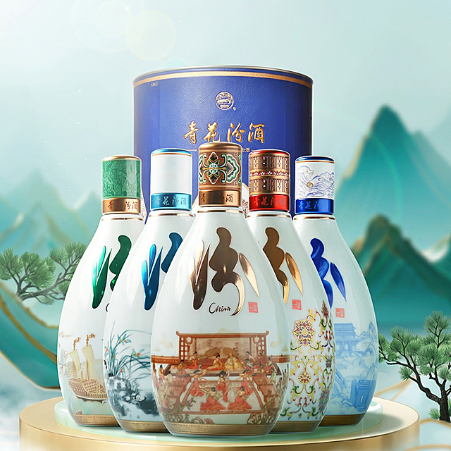 将图2中的青花汾酒白酒产品自然融合放置到图1的新中式国潮展示台（圆形金色底座+玉石台面）上，保持产品Logo文字原样，保持汾酒产品主体物理结构不变，强制保留全部5瓶白酒和外包装桶。风格为东方禅意新中式，使用商业高调摄影，柔和漫射光，全局光影匹配，背景光源来自上方，在展台台面向右下方投射自然投影，阴影近实远虚。将背景国潮青绿山水的青色轻微映射到产品暗部，陶瓷瓶身反射出环境色调，消除边缘白边，添加光晕溢出效果，保持整体低对比度，画面通透干净，大面积留白，添加淡淡的空气尘埃效果，提升氛围感。负向提示：瓶身扭曲，Logo变形，缺失部件，比例失调，死黑阴影，硬光，西方面孔，高对比度，文字错误