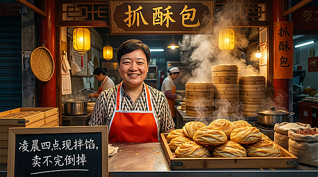 重新整体设计这张横版商业海报，画面主体依然是这位穿着红色围裙的中年大姐（包子铺老板），面带真诚笑容，旁边摆放金黄酥脆层次分明的抓酥包，包子冒着热气。背景是复古风格中式包子铺，蒸笼高叠，蒸汽弥漫。整体主色调中国红搭配暖黄色灯光，保持热闹干净美味的氛围，画面正上方是牌匾文字"抓酥包"，左下角标注"凌晨四点现拌馅，卖不完倒掉"，优化字体设计，写实摄影风格，细节清晰，提升整体视觉美感，更有食欲。
