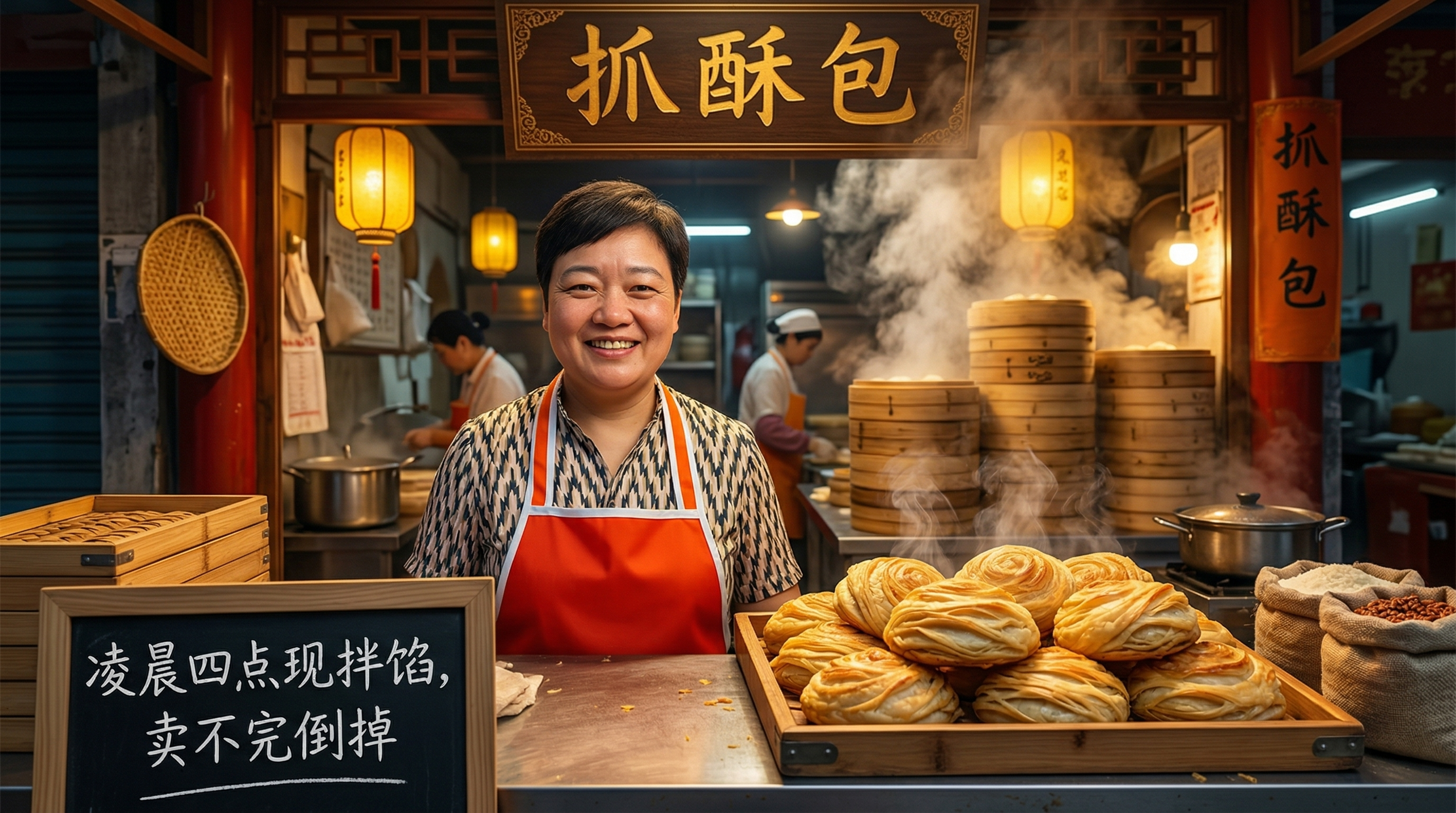 重新整体设计这张横版商业海报，画面主体依然是这位穿着红色围裙的… - 图片创意预览