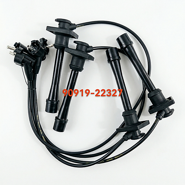 严格保留汽车点火线产品、上面的红色文字'90919-22327'的形状、颜色、纹理、材质、文字，禁止任何修改增删，替换背景为纯白色，去除所有杂乱元素，将所有元素摆正，排版整齐，光线明亮自然，增强对比度与清晰度，细节清晰可见，色彩鲜活不失真，避免过曝，风格干净高级，产品位于画面绝对正中心，垂直居中，水平居中，顶部空白区域与底部空白区域高度严格相等，微俯拍视角，前侧视角，保持原图产品的拍摄透视，严禁改变产品角度，边缘锐利，商业级精修，符合Instagram美学