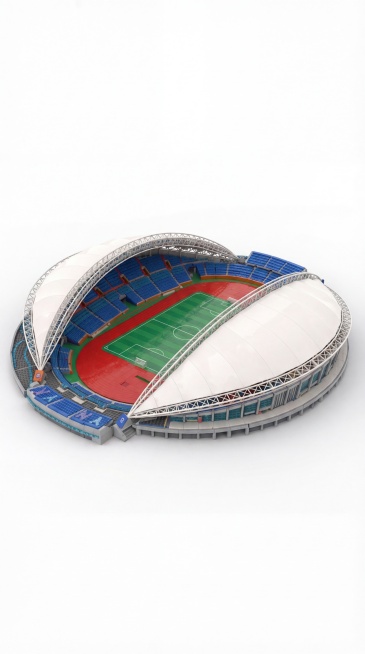 参考第一张图的乐高积木风格，把第二张图的体育馆转为乐高积木模型，保持体育馆主体在画面中央，纯白色背景，3D渲染，高清质感预览效果