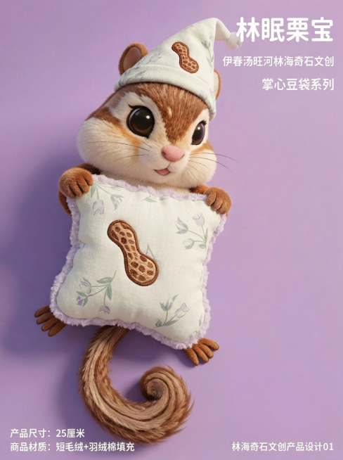 修改已有图片：去掉原有logo，将产品名称改为「林眠栗宝」，添加商品材质说明，其余内容保持不变。商品为伊春汤旺河林海奇石文创产品：小松鼠安抚豆袋玩偶，产品名称"林眠栗宝"，产品款式"掌心豆袋系列"，产预览效果