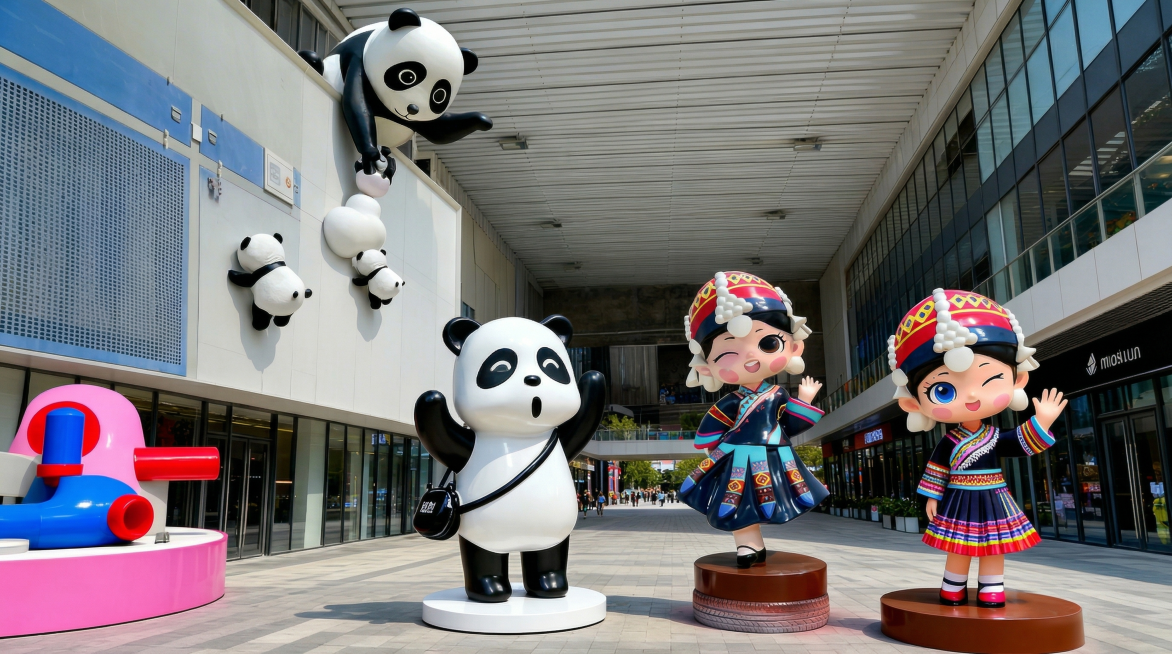 移除右下角的“miXc”水印和哈尼族雕塑底座上的“哈尼族”文字，保持画面所有雕塑和场景不变，提升整体画面的清晰度，玻璃钢材质质感更通透预览效果