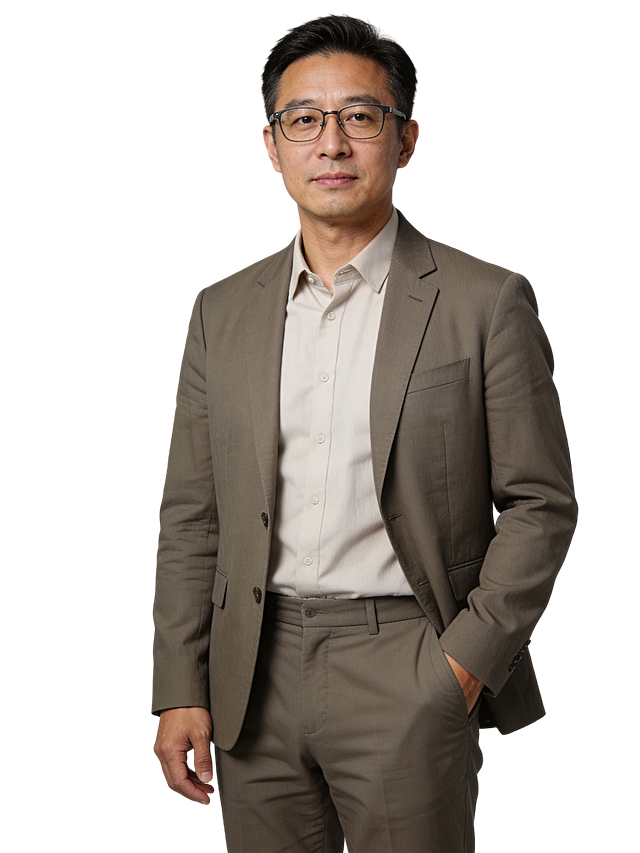 生成一张35岁左右中年男性IT技术人的成熟稳重职场形象照，男士戴框架眼镜，身穿简约纯色衬衫搭配休闲西装外套和休闲西裤，自然站姿左手插兜，专业沉稳，直视镜头表情自然，中度灰色纯色简约背景，高分辨率细节清晰，写实摄影风格，健康清透哑光质感肤色