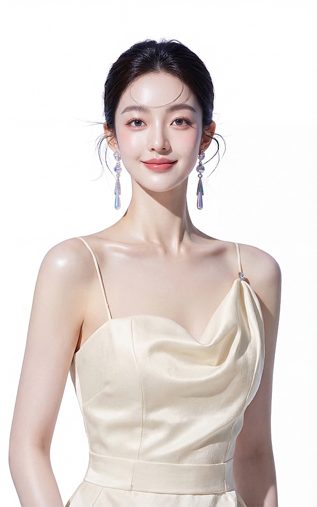 生成女性模特，年龄23岁以上，五官立体，保留参考图类似的五官特征但存在差异，浅浅微笑，眼睛有神，皮肤水润有光泽，真实白皙细腻，模特穿着米白色缎面吊带礼服，佩戴长款渐变水滴耳环，背景纯白，高清写真实拍质感，光影柔和，细节清晰