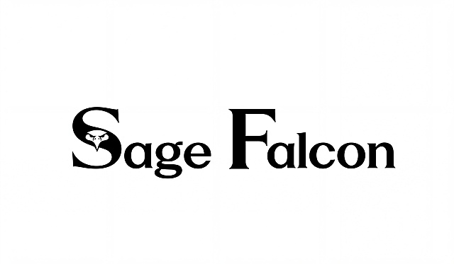 将此logo转换为高清AI矢量图，保持原有设计：文字Sage Falcon，首字母S内嵌猎鹰头部图案，黑色文字和图案，纯白色背景，线条清晰平滑，矢量风格
