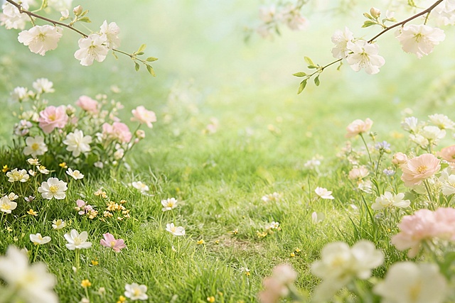 去掉图片中所有物品，包括两杯饮料、花瓶、咖啡豆、装咖啡豆的碗都去除，只保留完整的春日青草地和花草花枝背景，保持整体清新自然的风格和色调统一