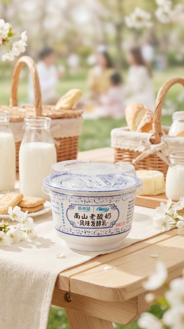 基于原图的新希望南山老酸奶产品，替换背景为牛奶主题场景，参考春游聚会风格相似度50%，保持产品Logo文字原样，保持主体物理结构不变，保持产品透明塑料包装和整体形状不扭曲。商业高调摄影，柔和漫射光，低预览效果