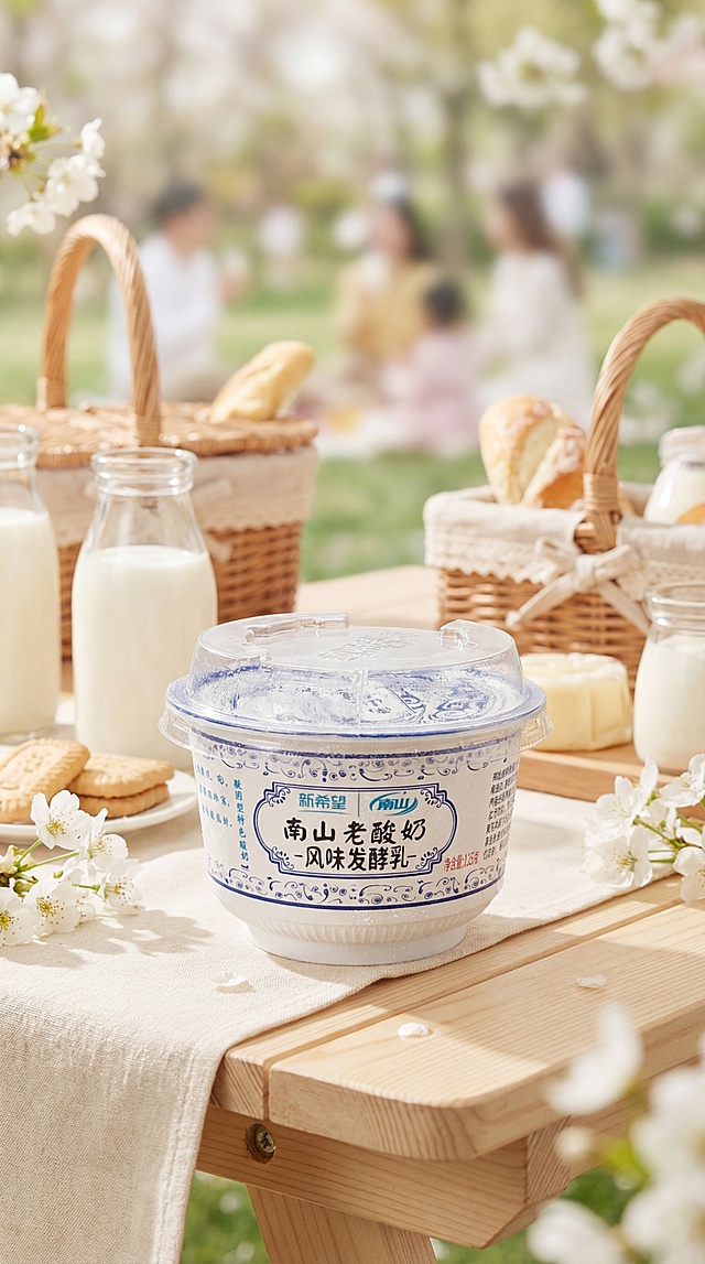 基于原图的新希望南山老酸奶产品，替换背景为牛奶主题场景，参考春游聚会风格相似度50%，保持产品Logo文字原样，保持主体物理结构不变，保持产品透明塑料包装和整体形状不扭曲。商业高调摄影，柔和漫射光，低对比度，奶白色奶油色调，食欲感，酸奶表面有新鲜水珠，前中后景层次分明，加入阳光光斑元素，营造温馨治愈的春游野餐氛围，保留产品主体，避免雷同重构。负向提示词：瓶身扭曲、Logo变形、多余的盖子、缺失的部件、悬浮的物体、摄影灯、柔光箱、三脚架、水印、文字、昏暗光线、死黑阴影、畸变透视、比例失调、西方面孔、金发、深眼窝、雀斑、杂乱房间、硬光、乡村风、高对比度