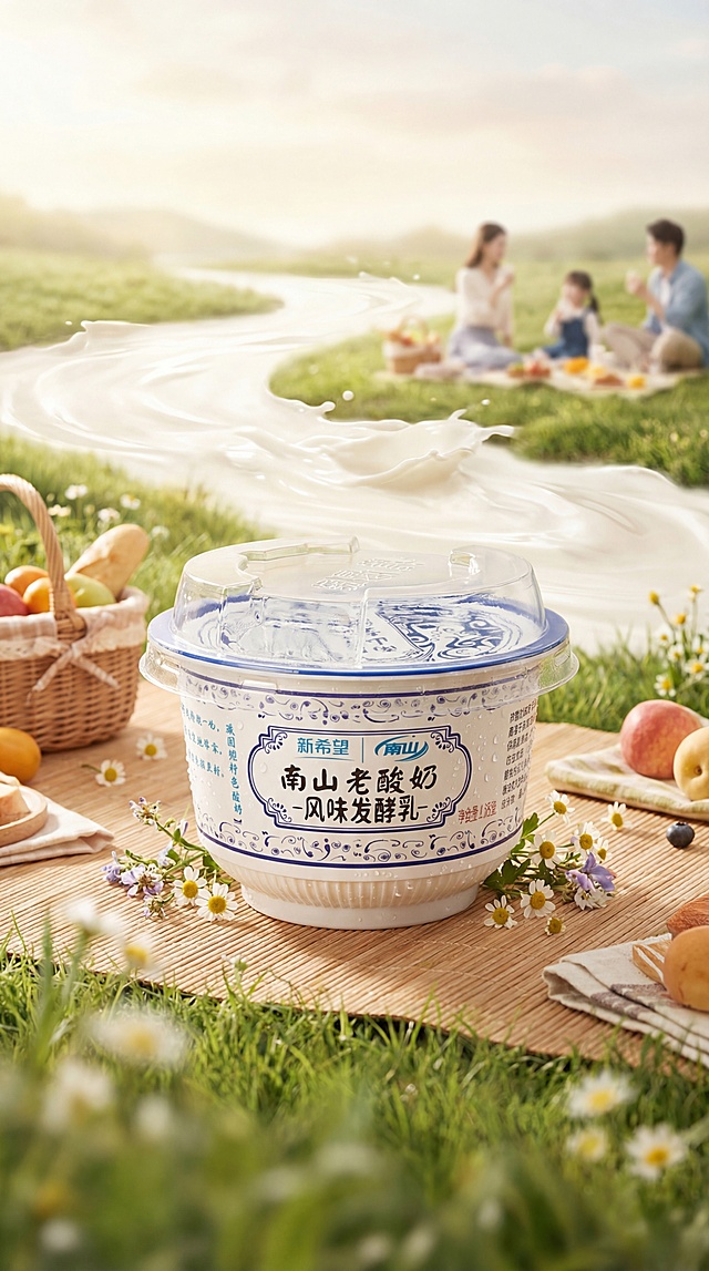 基于原图的新希望南山老酸奶产品，更换背景为流动的牛奶河流春日野餐场景，参考春游聚会风格相似度50%，保持产品Logo文字原样，保持主体物理结构不变，保持产品透明塑料包装和整体形状不扭曲。商业高调摄影，柔和自然逆光，低对比度，暖调奶白色，酸奶表面挂着新鲜水珠，放置在木质野餐垫上，周围点缀小野花，前景草地虚化，层次分明，营造春日户外松弛氛围感，保留产品主体，改变构图与第一张区分。负向提示词：瓶身扭曲、Logo变形、多余的盖子、缺失的部件、悬浮的物体、摄影灯、柔光箱、三脚架、水印、文字、昏暗光线、死黑阴影、畸变透视、比例失调、西方面孔、金发、深眼窝、雀斑、杂乱房间、硬光、乡村风、高对比度