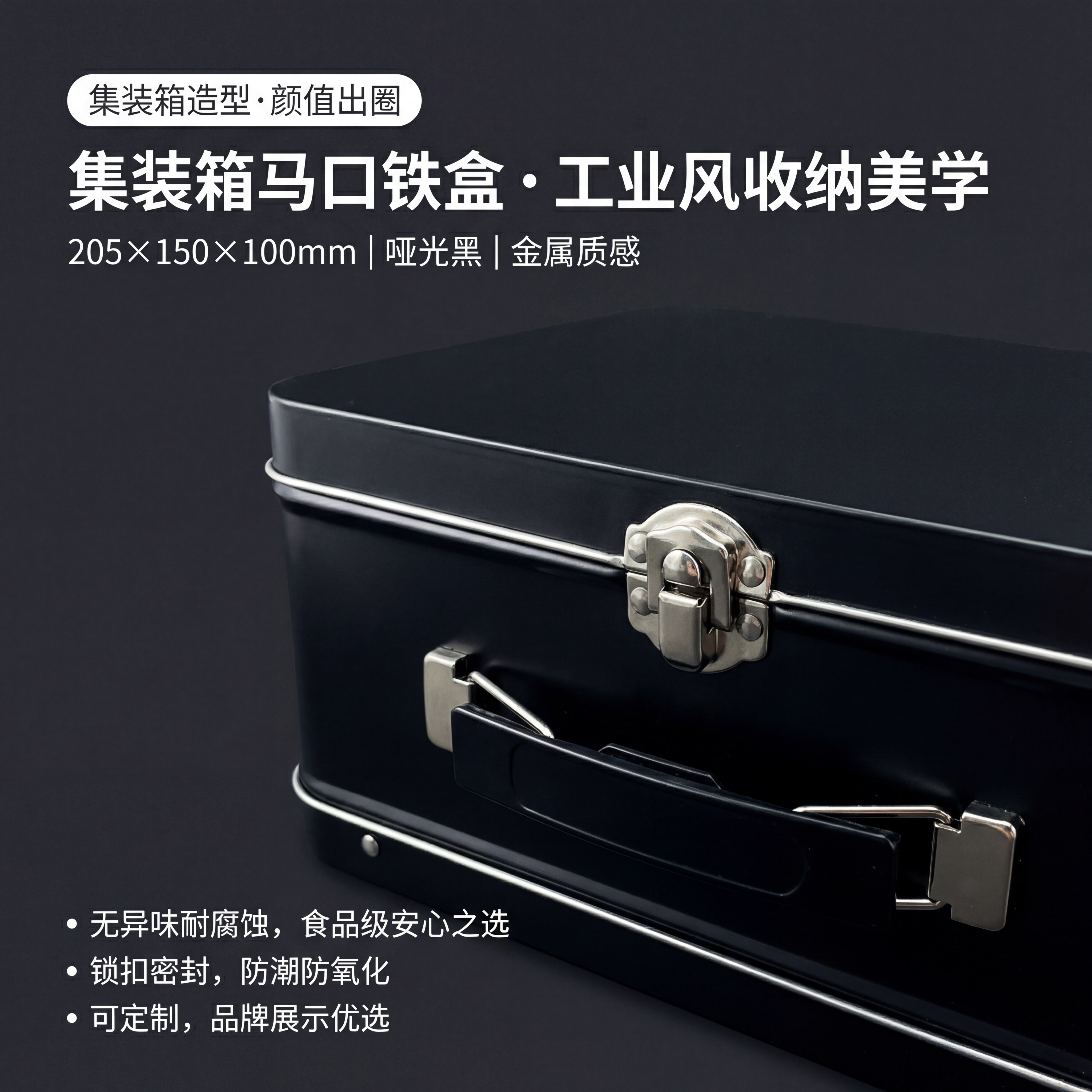 4.【主图4 极简高级款】：特写展示黑色哑光集装箱马口铁收纳盒… - 图片创意预览