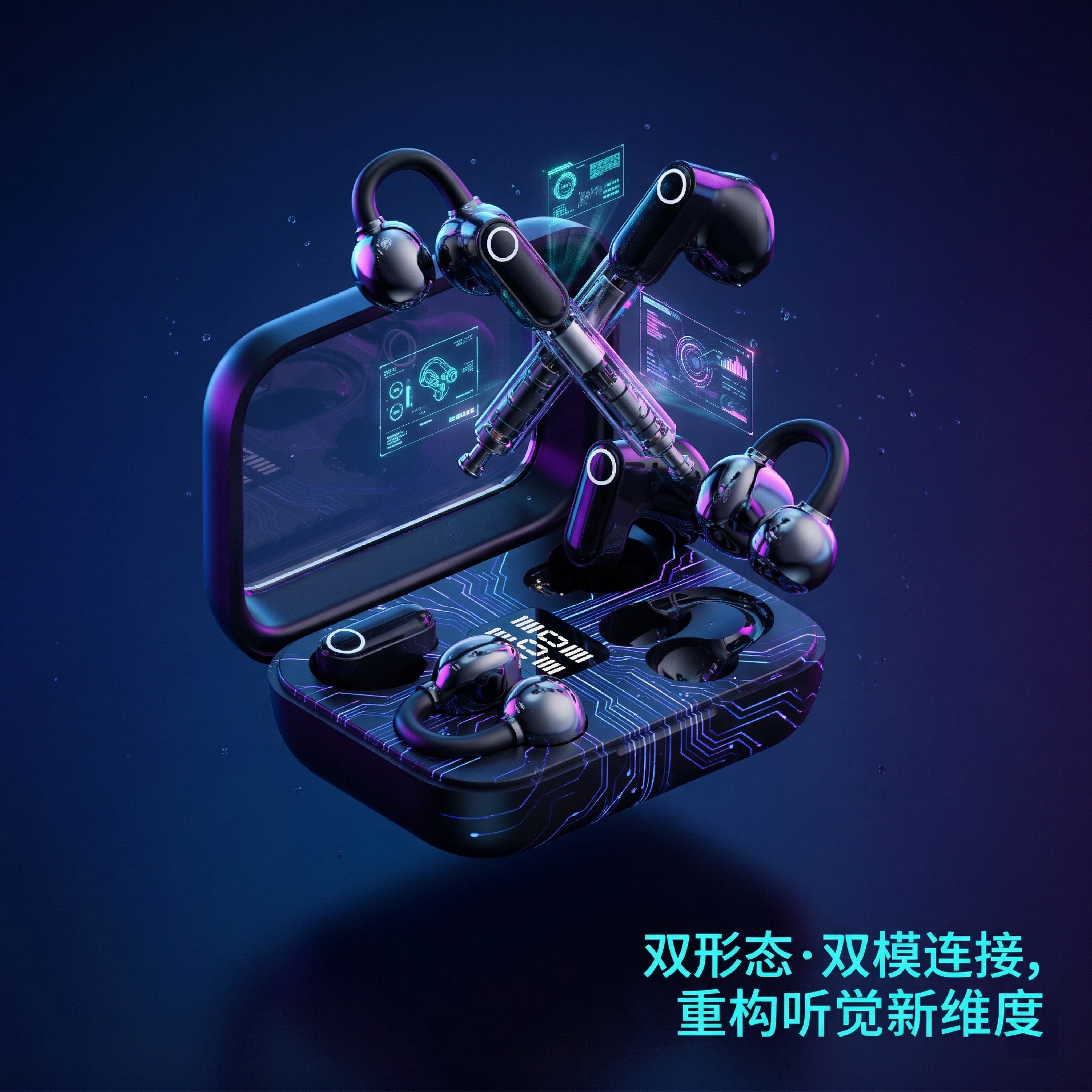基于原图产品进行风格重构，保持主体蓝牙耳机和充电舱物理结构不变… - 图片创意预览